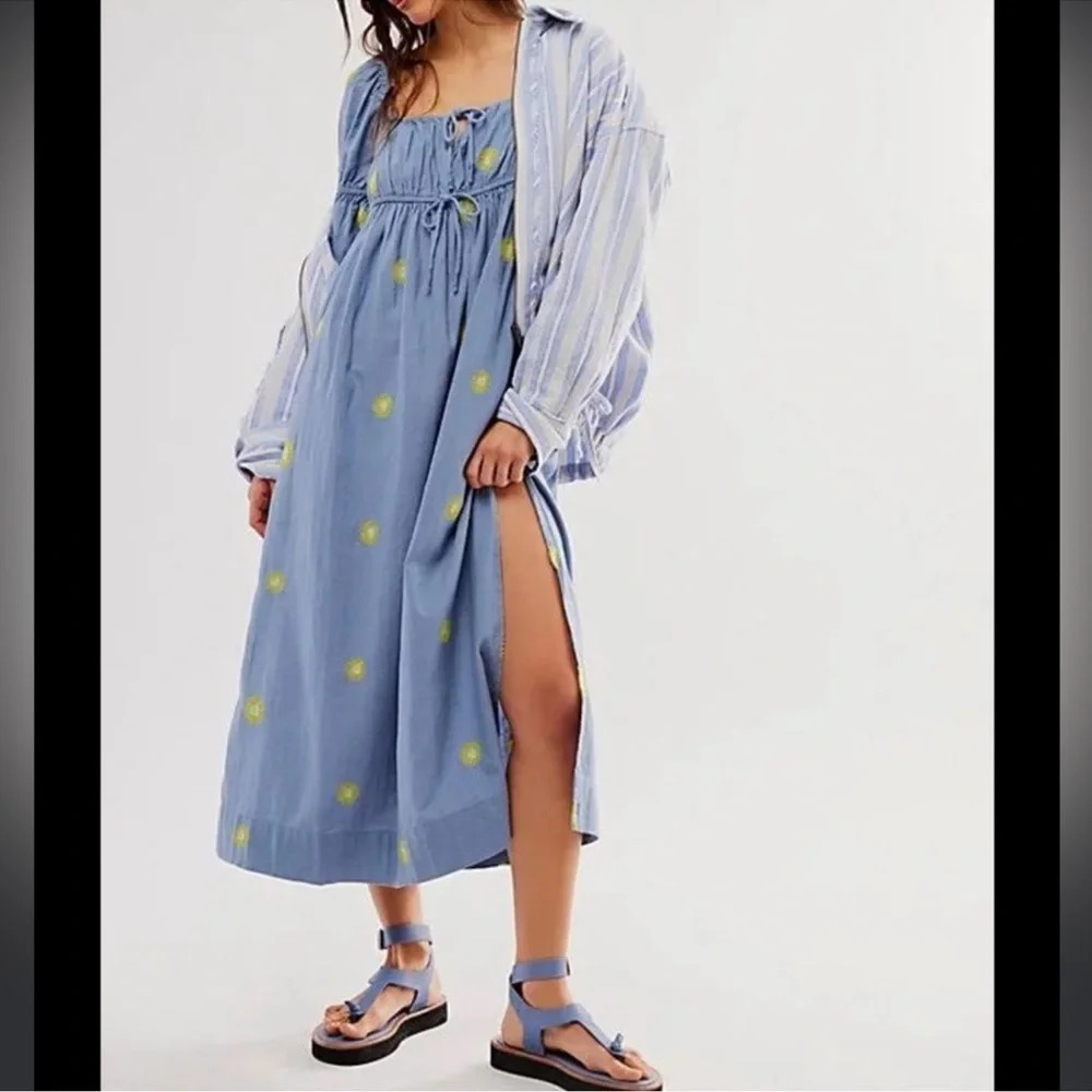 Free People Emory Embroidered MIDI Dress in Blue Combo - Picture 3 of 14
